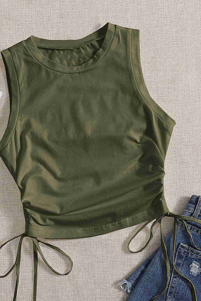Merry See Yanları Büzgülü Kolsuz Bluz Crop Top Atlet Yeşil - 4