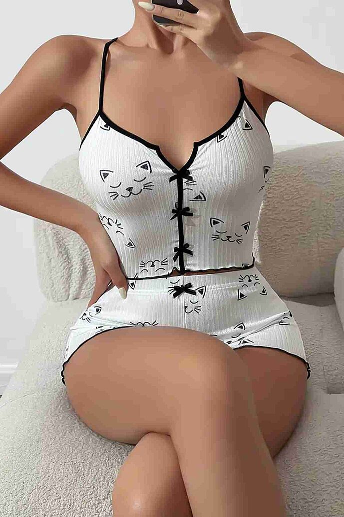 Merry See Yavru Kedi Baskılı Askılı Şortlu  Pijama Takımı Beyaz - 3
