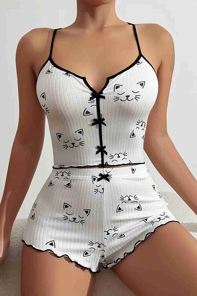 Merry See Yavru Kedi Baskılı Askılı Şortlu  Pijama Takımı Beyaz - 5