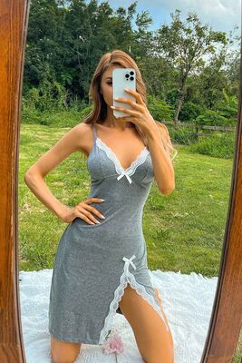 Merry See - Merry See Yırtmaçlı Dantelli Penye Gecelik Gri (1)