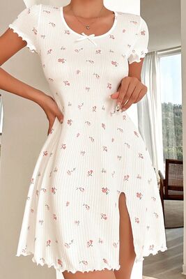 Merry See - Merry See Yırtmaçlı Kısa Kollu Pijama Gecelik Beyaz