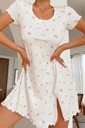 Merry See Yırtmaçlı Kısa Kollu Pijama Gecelik Beyaz - Thumbnail