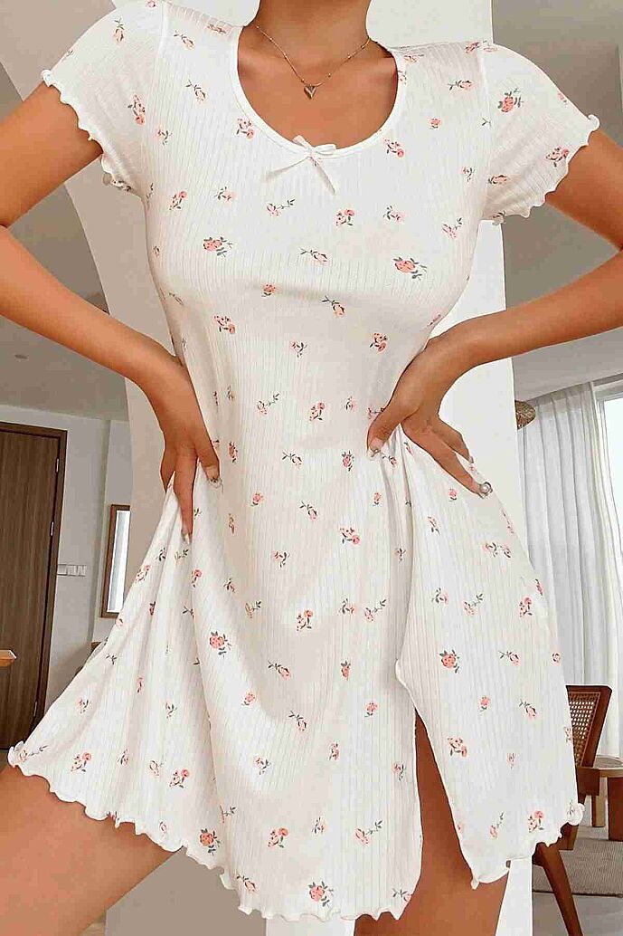 Merry See Yırtmaçlı Kısa Kollu Pijama Gecelik Beyaz - 5
