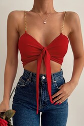 Merry See Zincir Askılı Crop Büstiyer T-shirt Kırmızı - Thumbnail